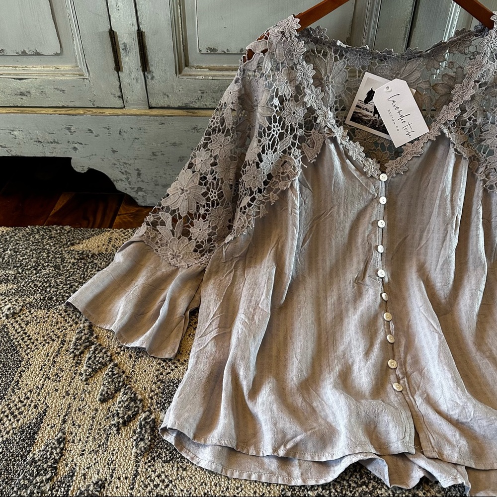 New Boho Grey Lace Festival Button Front Blouse Western Boutique Vintage Top - Picture 5 of 9